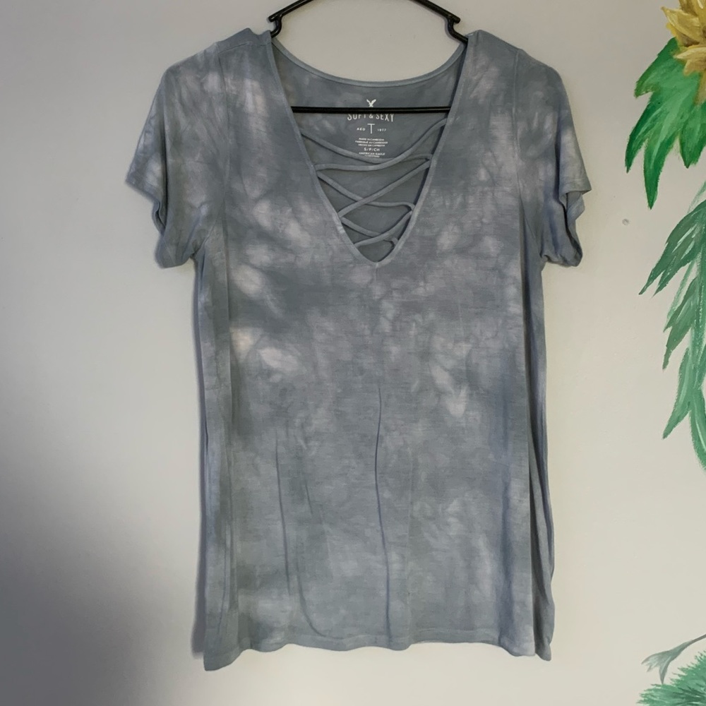 Grey-ish Blue Bleached T-shirt with crossed v-neck